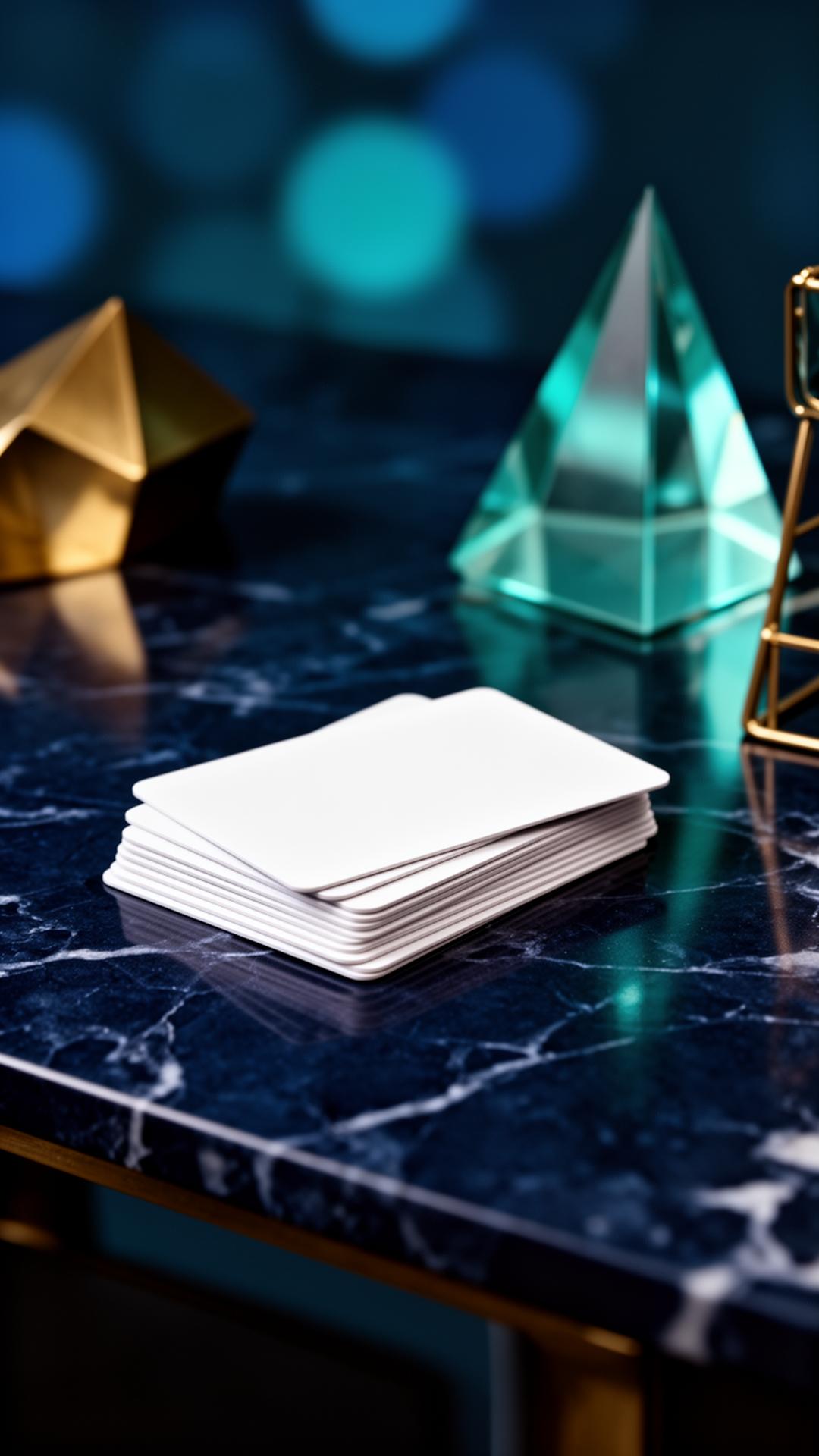 Aqua and gold workspace detail beside a stack of cards